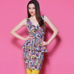 BETSEY JOHNSON Lulu Table Top Peplum Cartoon Print Comic Book Graphic Dress M